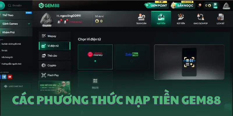 Các phương thức nạp tiền GEM88 hỗ trợ