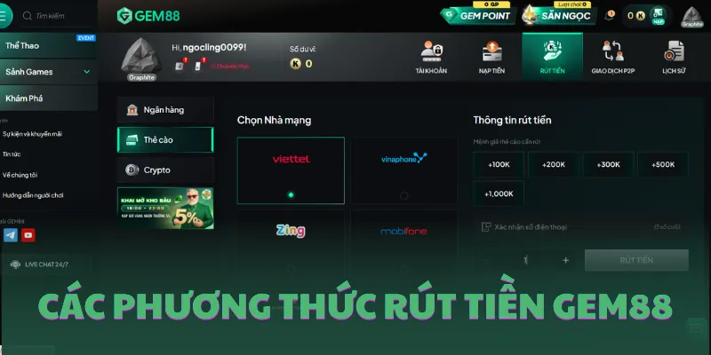 Các phương thức rút tiền GEM88 được nhà cái hỗ trợ hiện nay
