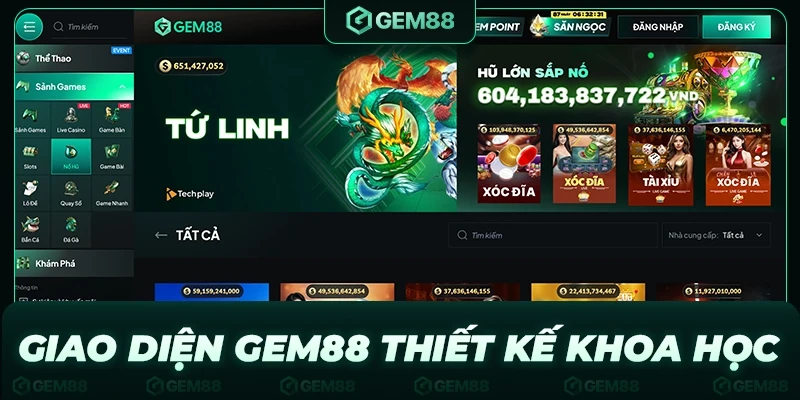 Giao diện nhà cái GEM88 thiết kế khoa học, người mới dễ sử dụng