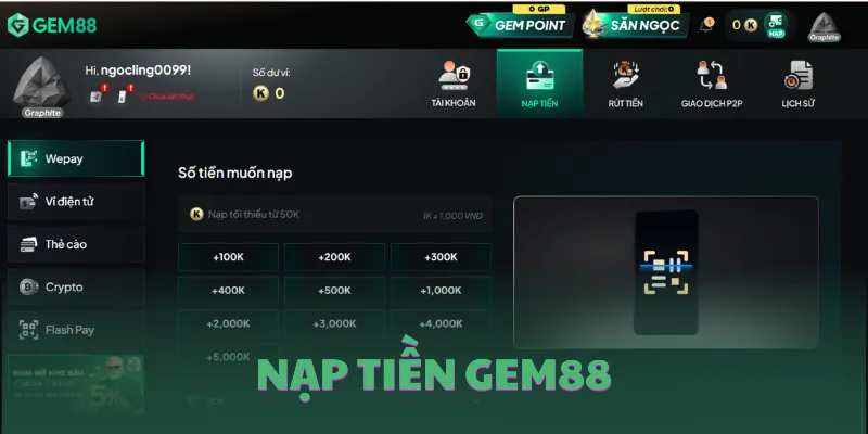 Nạp tiền GEM88 đơn giản, nhanh chóng